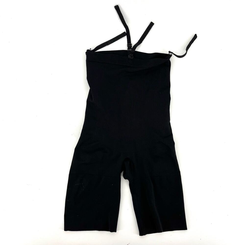 Spanx black open bust mid‎ thigh shapewear hooks attach to bra (large)